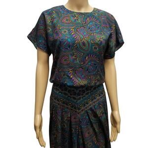 80s MIDI PAISLEY FLORAL Short Sleeve Fitted Waist Summer Dress Size 6 [Vintage]